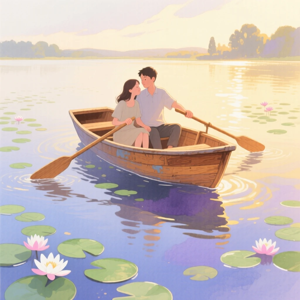 A couple rows a small wooden boat across a lake dotted with lily pads at golden hour