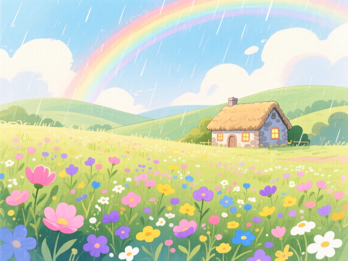 A wildflower meadow beneath a rainbow after a storm, with a small stone cottage nestled in the distance, inspiring a sense of calm and wonder.