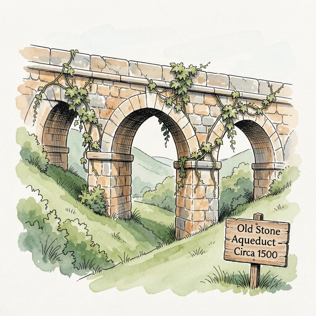 An old stone aqueduct stretching across a green valley, ivy climbing along its ancient arches