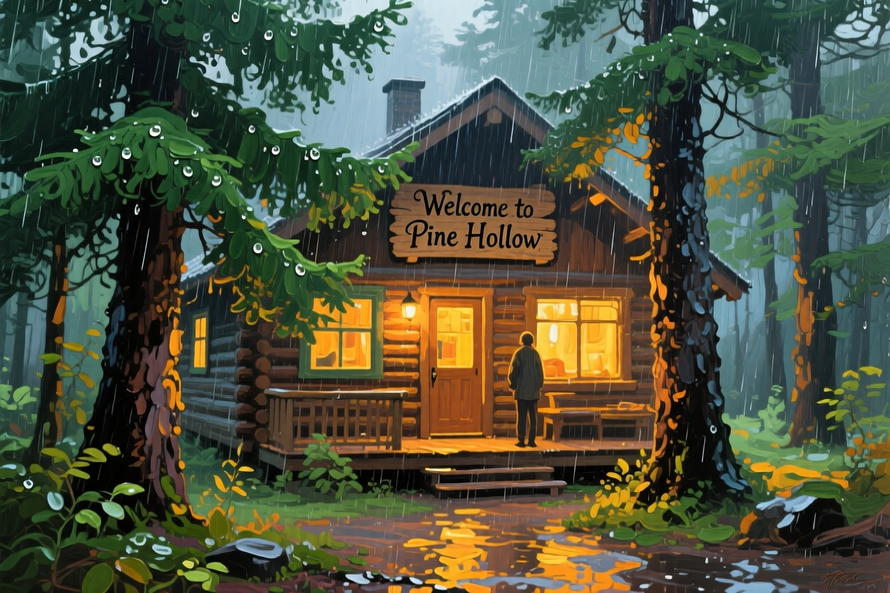 a cabin glowing through tall evergreens, after fresh rainfall, from an inviting eye-level viewpoint.