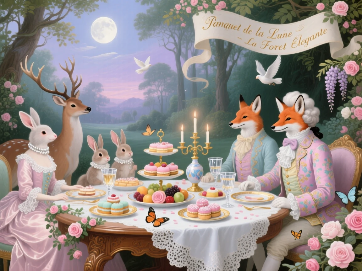 A moonlit forest banquet attended by elegant woodland animals  