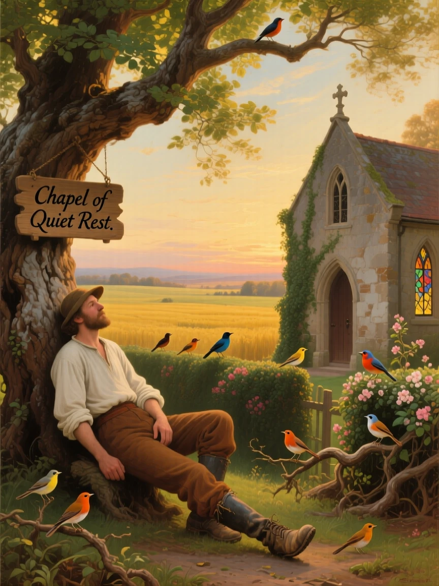 A farmer rests beneath a tree in a quiet chapel at the edge of the fields as birds sing from the hedgerows.