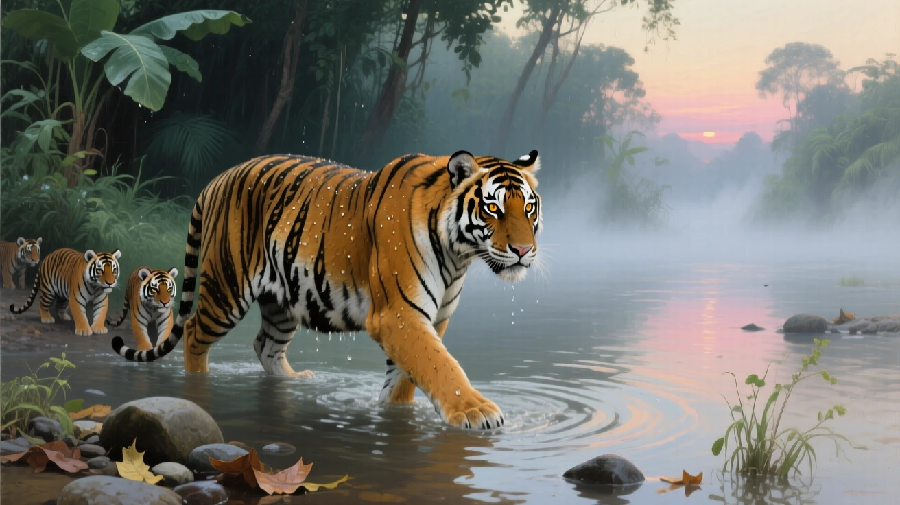 A tiger wading through a misty jungle river at dawn, as the rest of its family group remains close by, offering a striking, emotionally resonant wildlife portrait