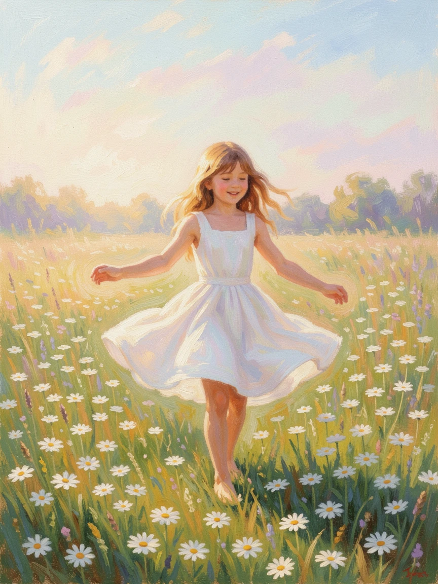 A young girl twirling in a field of daisies, her white dress billowing in the summer breeze.