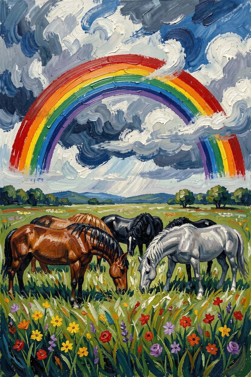 A quiet meadow where wild horses graze beneath a rainbow after a passing storm.