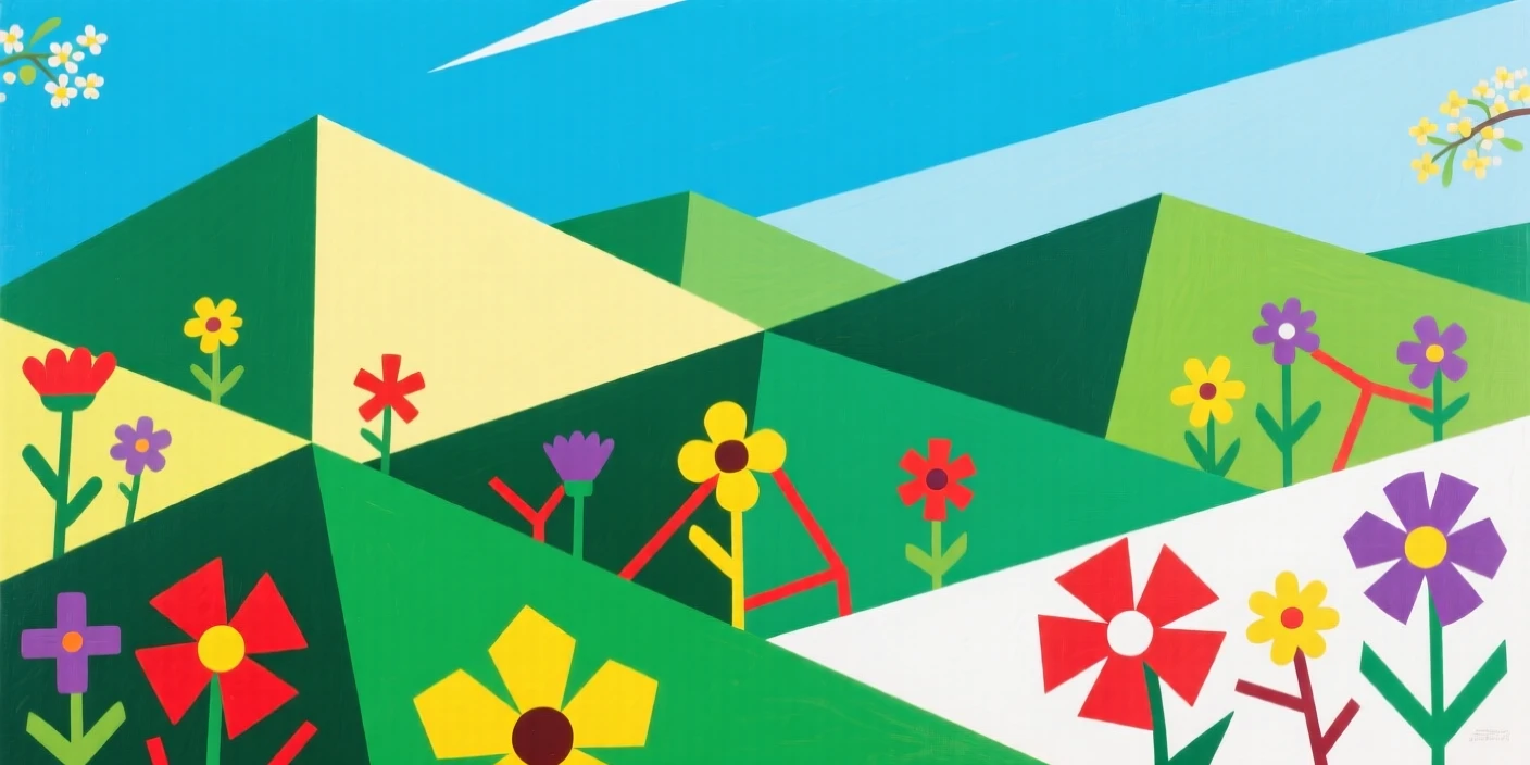 Rolling green hills dotted with wildflowers under a bright spring sky.
