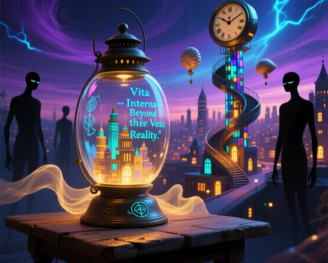 A miniature city glowing softly inside an old glass lantern hums quietly with a life entirely its own, as a soft hum of unseen life drifts outward.