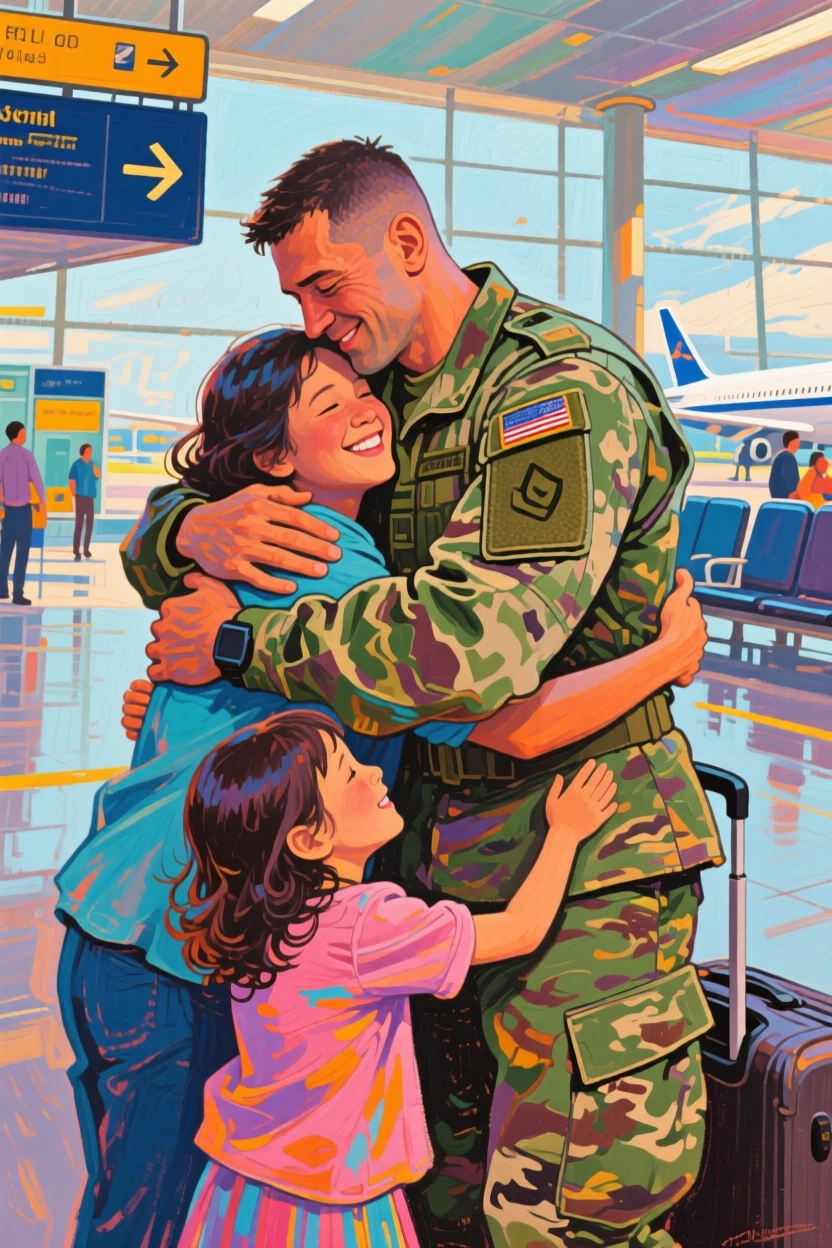 A soldier reuniting with his family at an airport, arms wrapped tightly around them