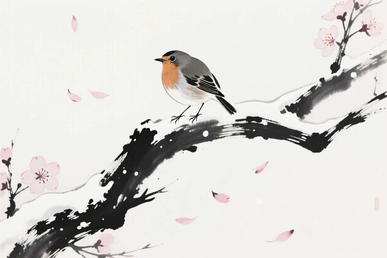 A robin rests on a snow-covered branch, as petals drift down around it.