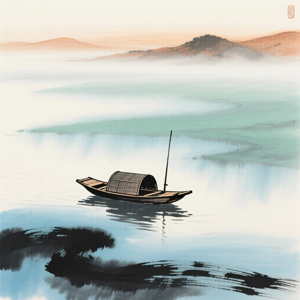 A single boat drifting alone on a vast, mist covered lake, as morning mist begins to lift, conveying a deep sense of harmony with nature.