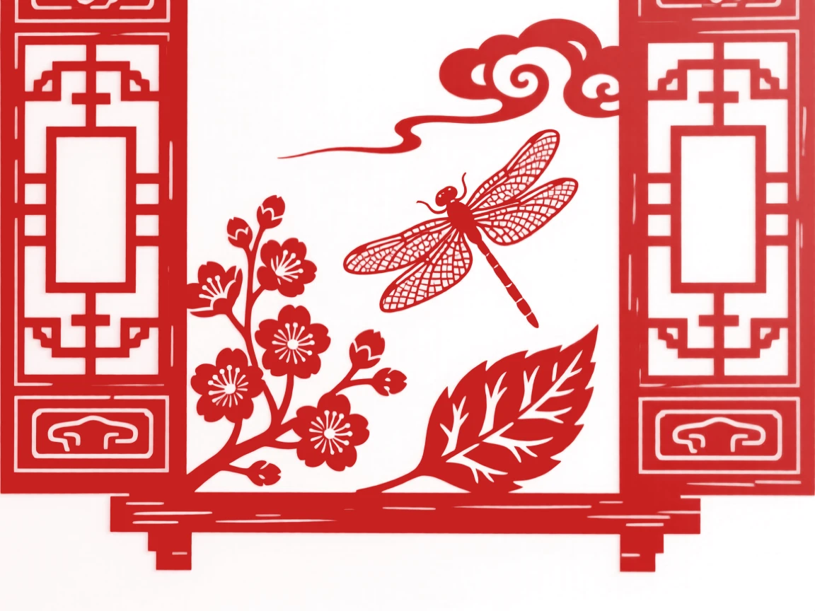 A spray of cherry blossoms resting on a carved wooden windowsill, while a dragonfly rests on a single leaf.