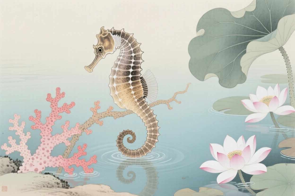 A seahorse curled around a strand of coral in a pool bordered by blooming water lilies