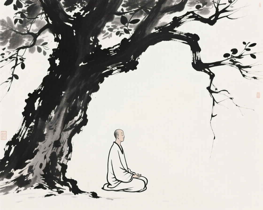 A solitary figure meditating beneath an old tree in a moment of complete stillness, framed minimally, letting emptiness carry the mood, evoking deep introspection and quiet solitude.