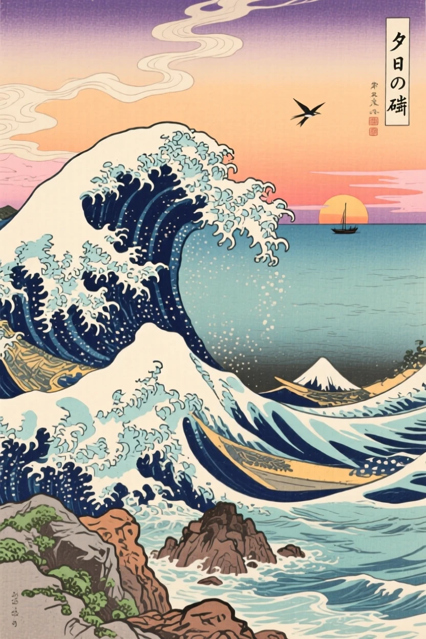 A rugged rocky coastline beneath towering ocean waves, at sunset.