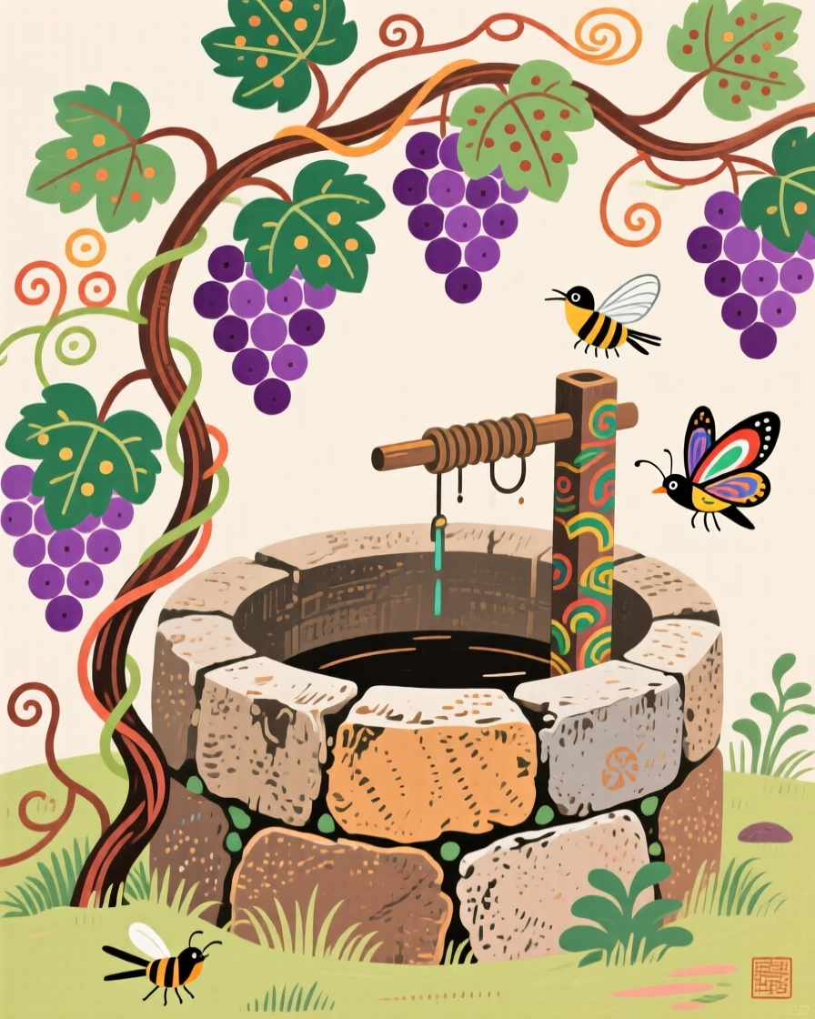 Grapes ripening on a garden vine beside an old well.