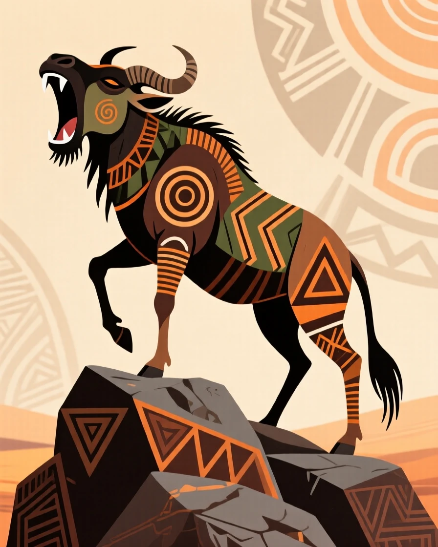 A wildebeest roaring atop a rocky outcrop.