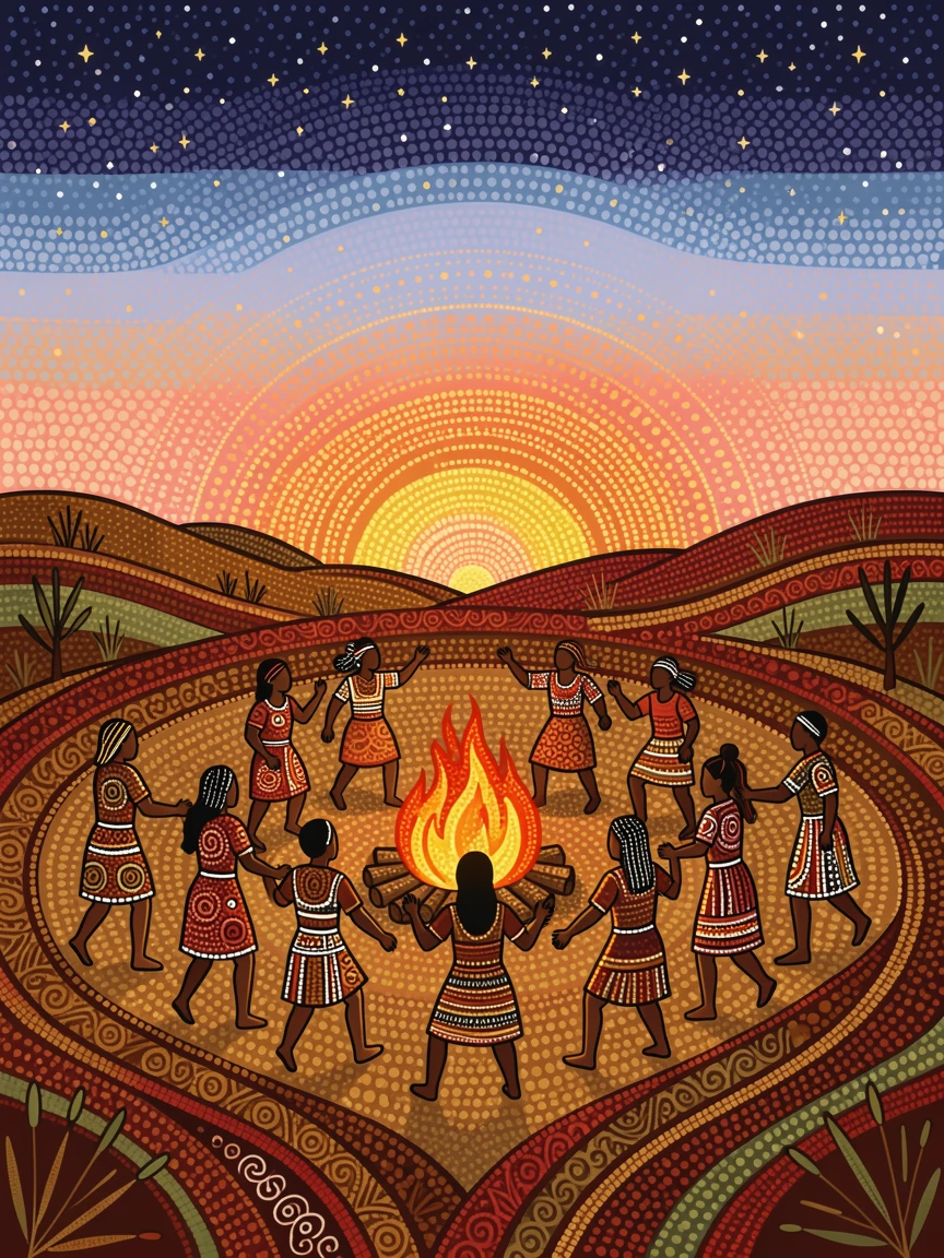 Villagers dancing around a bonfire at night at sunrise