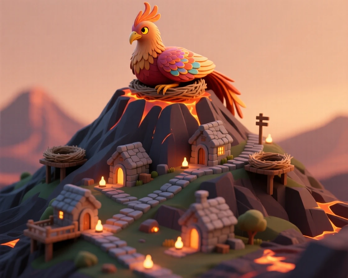 A phoenix nesting village built on a volcanic mountainside, with warm glowing embers lighting stone paths and a great firebird resting atop the highest peak.