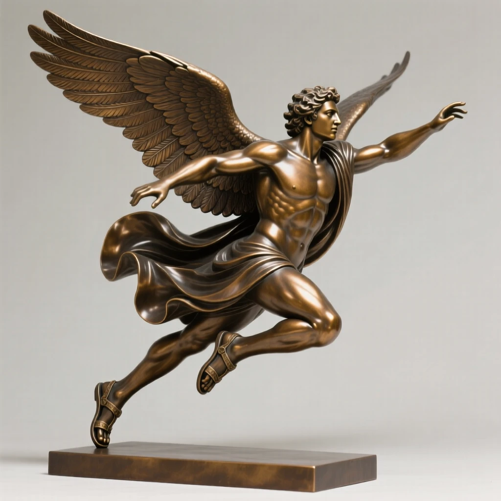 Hermes in mid-flight with winged sandals, with wings fully outstretched in majestic display, radiating awe and grandeur