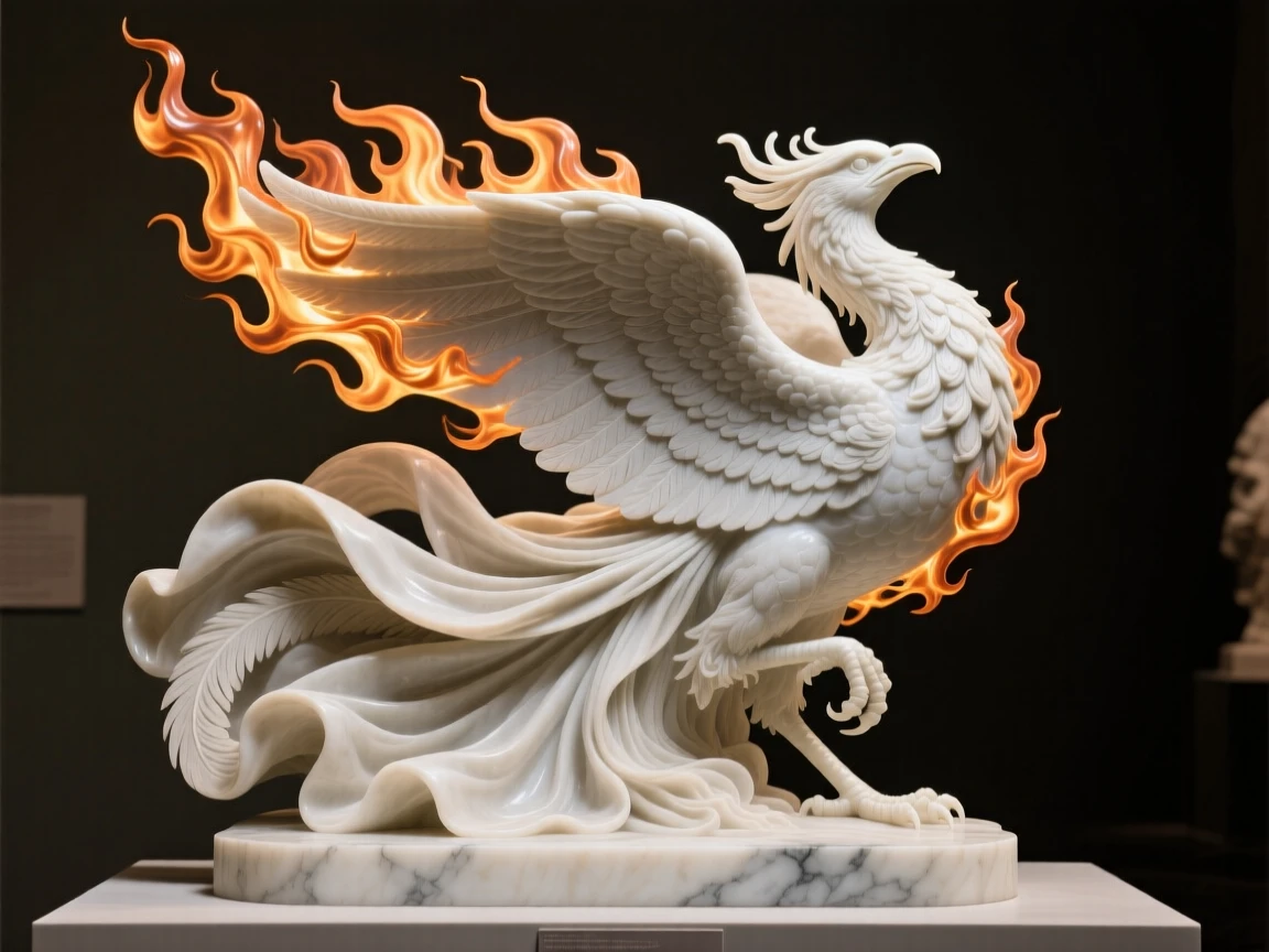 A phoenix bursting into flame and rebirth, cloaked in flowing fabric that ripples in the wind, radiating power and legend