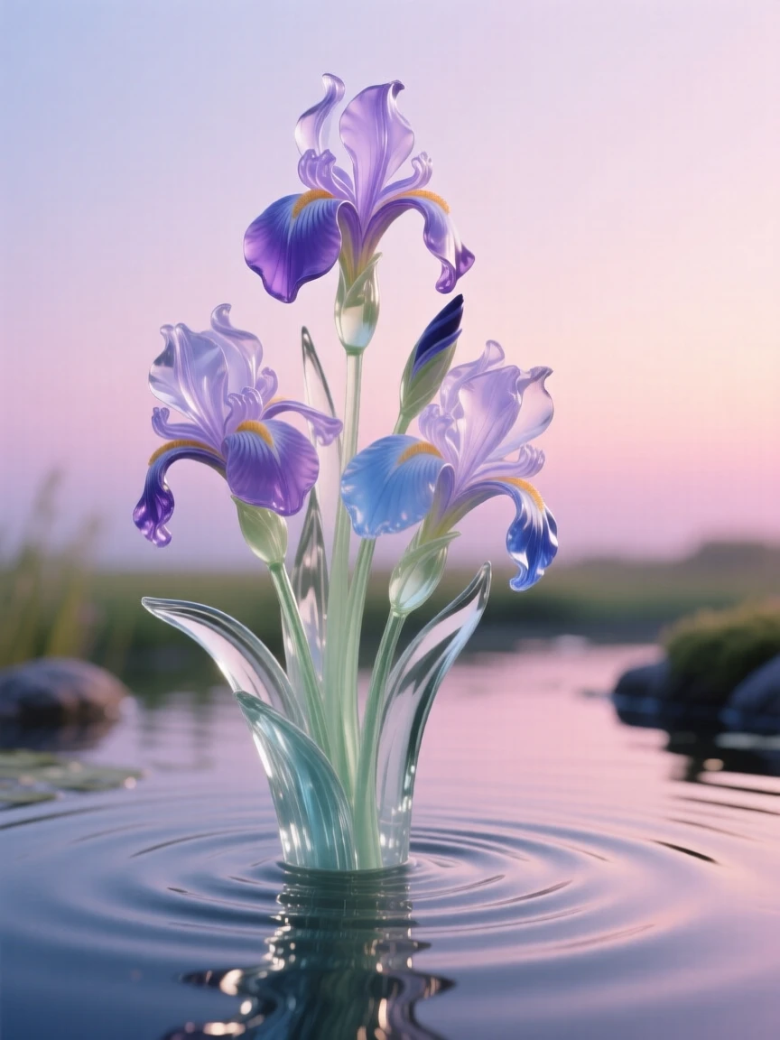 Iris flowers by a pond swaying gently in a light breeze under a pastel sky at dusk, dreamy and peaceful atmosphere.