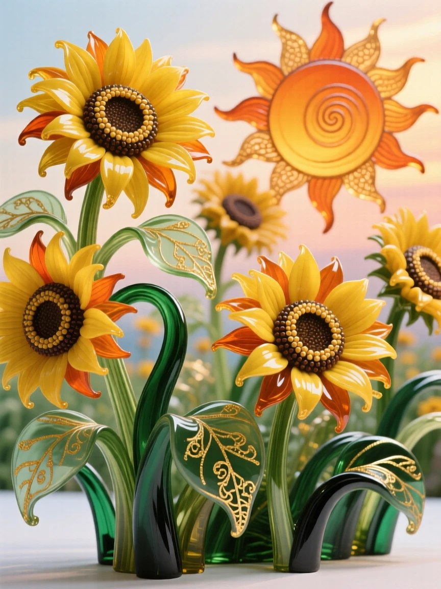 A field of sunflowers turning toward a rising sun, joyful and radiant.