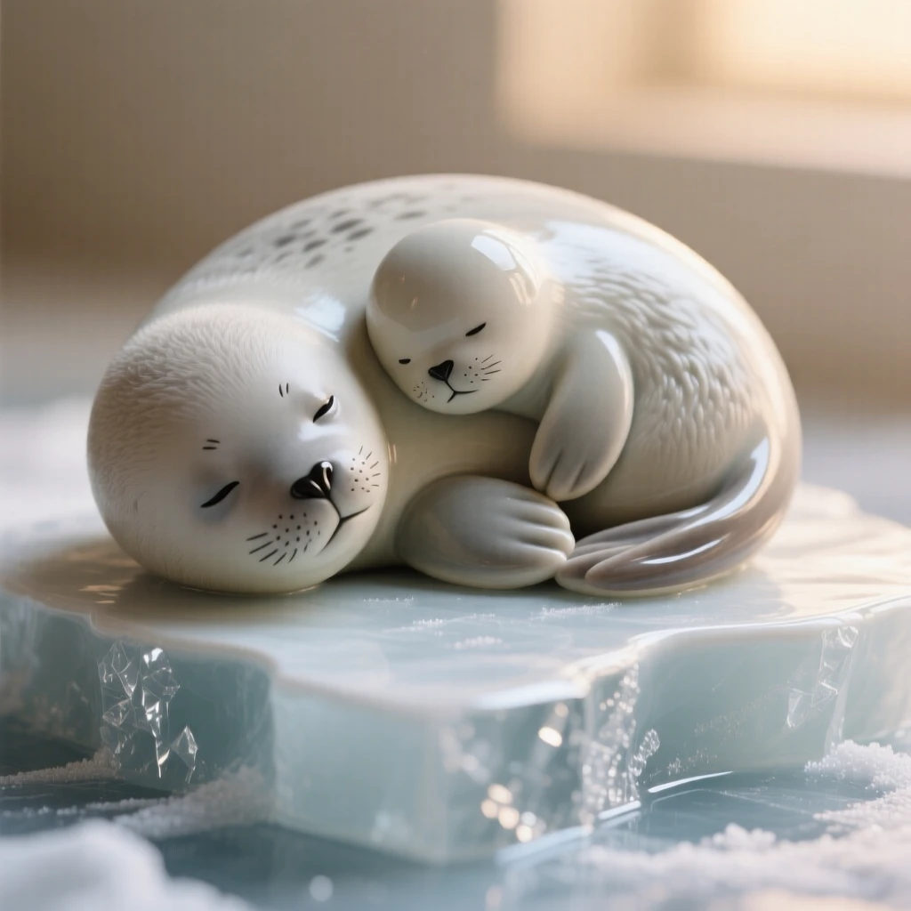 A plump baby seal resting on the ice nestled cozily against a warm companion, haloed by warm, gentle light, conveying gentle warmth perfect for any family space.