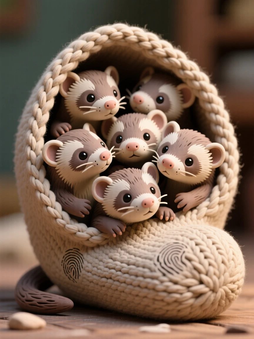 A litter of ferret kits wriggling inside a knitted sock