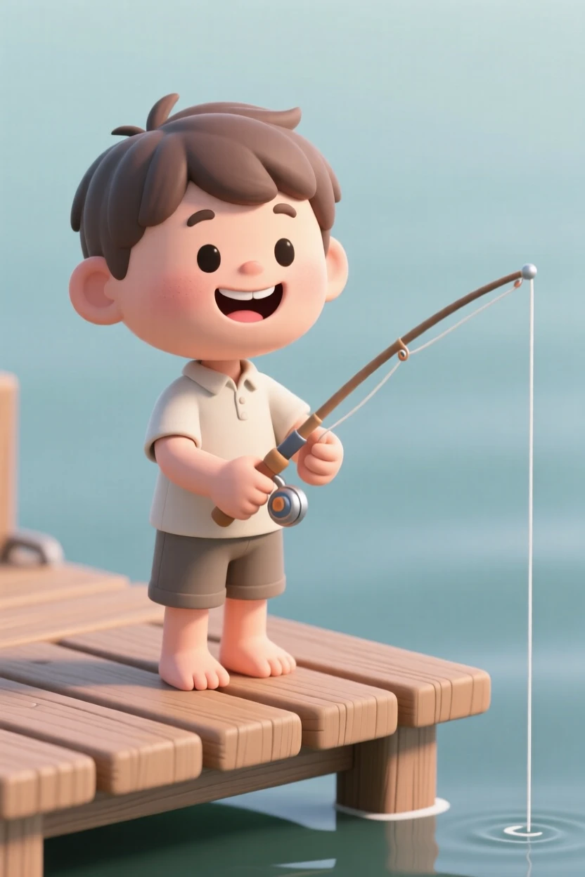 A little boy with a missing tooth proudly shows off a wobbly smile while holding a fishing rod on a dock.