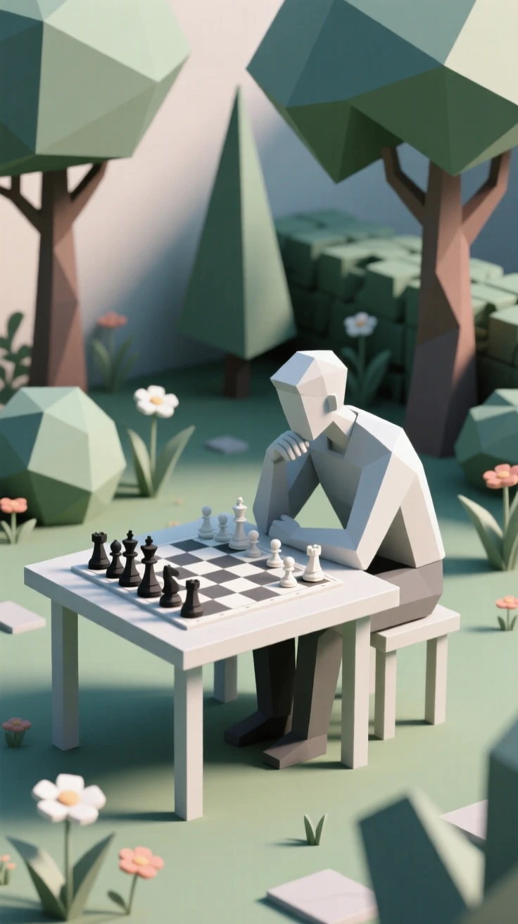 A chess player deep in thought over a game, amid a quiet, colorful garden. natural light enhances the vibrant colors of the scene. The scene feels energetic and inspiring.