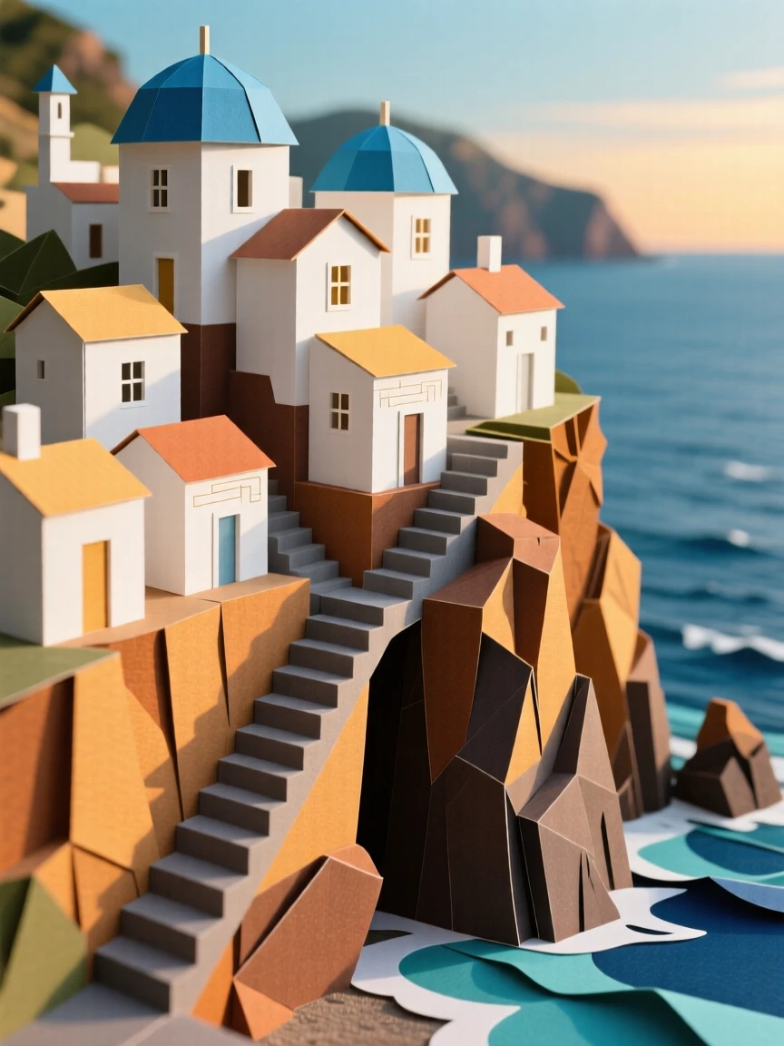A dramatic cliffside village perched above the Mediterranean Sea, whitewashed buildings with blue domes catching the golden evening light, evoking romantic coastal beauty.