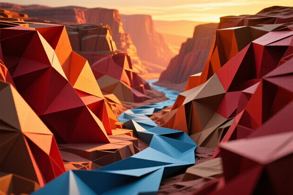 A dramatic canyon carved by a winding river, layered red and orange rock walls glowing at sunset.