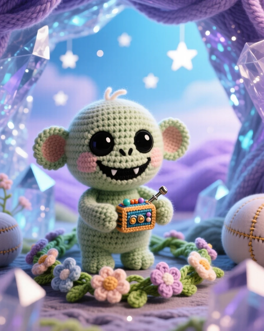 A charming portrait of a round baby gremlin, with big round ears and a cheeky grin, tinkering with a tiny gadget beside a garland of woven wildflowers in a crystal cave sparkling with soft light, conveying dreamy tranquility under a magical sky.