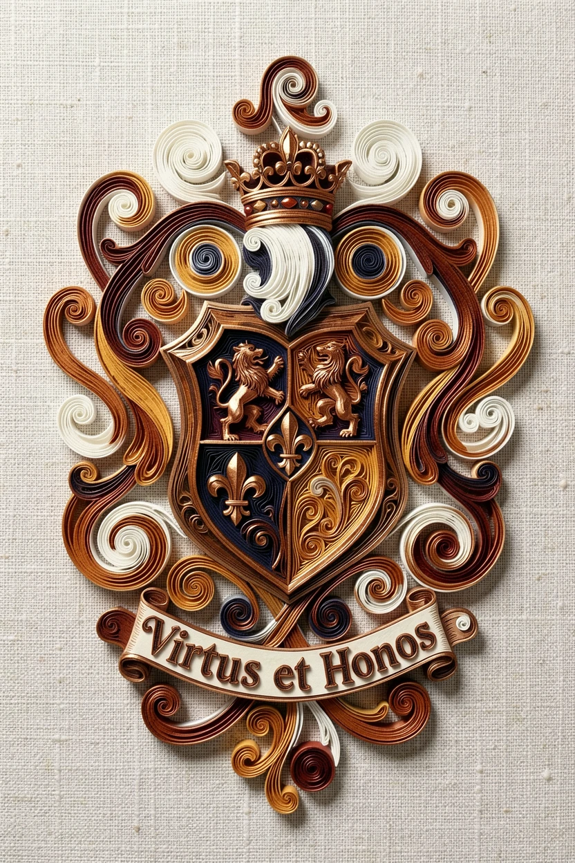 An elegant design featuring a decorative coat of arms with heraldic symbols, spiraling outward in a hypnotic rhythm, highlighted with metallic bronze accents, displayed on a textured linen backdrop.