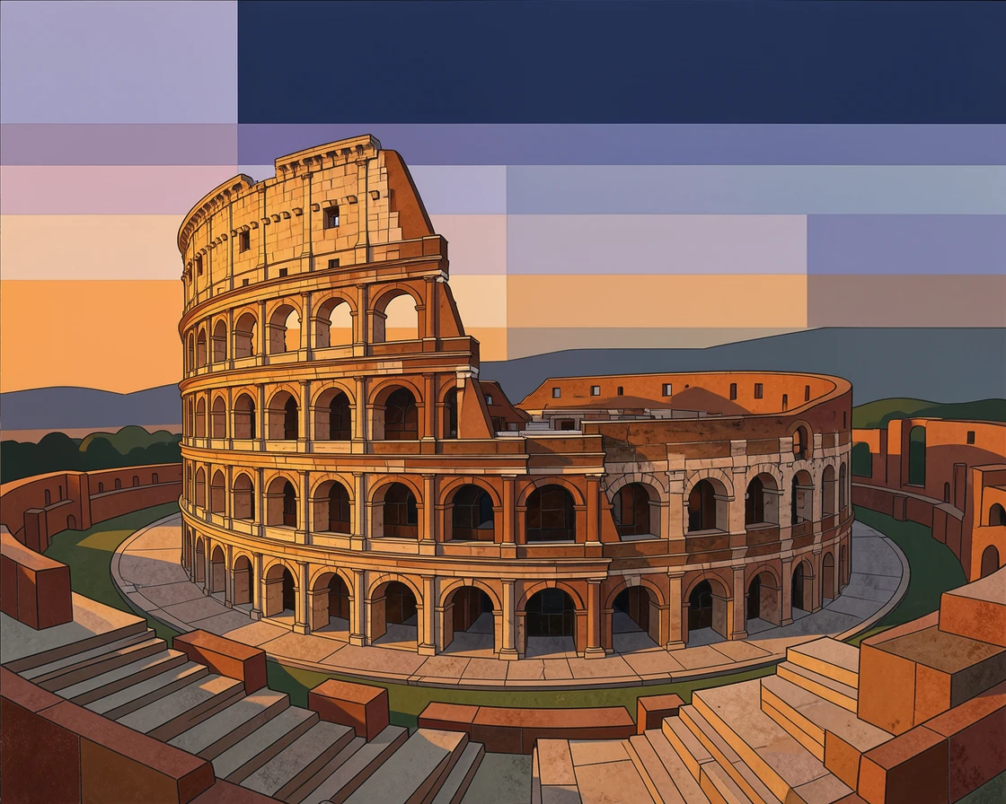 The ancient colosseum bathed in warm evening light, viewed from a dramatic elevated vantage point.