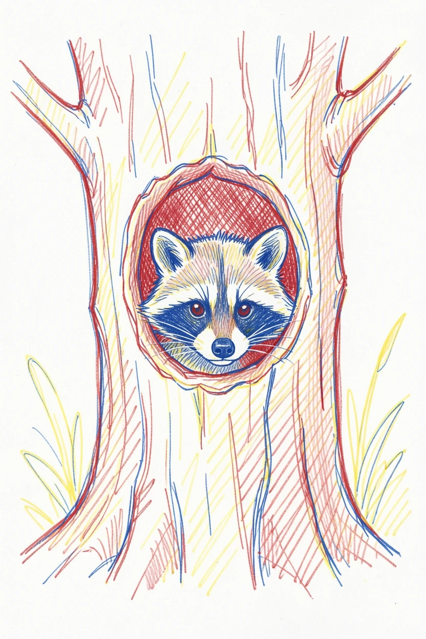 A raccoon peeking curiously from inside a hollow tree trunk