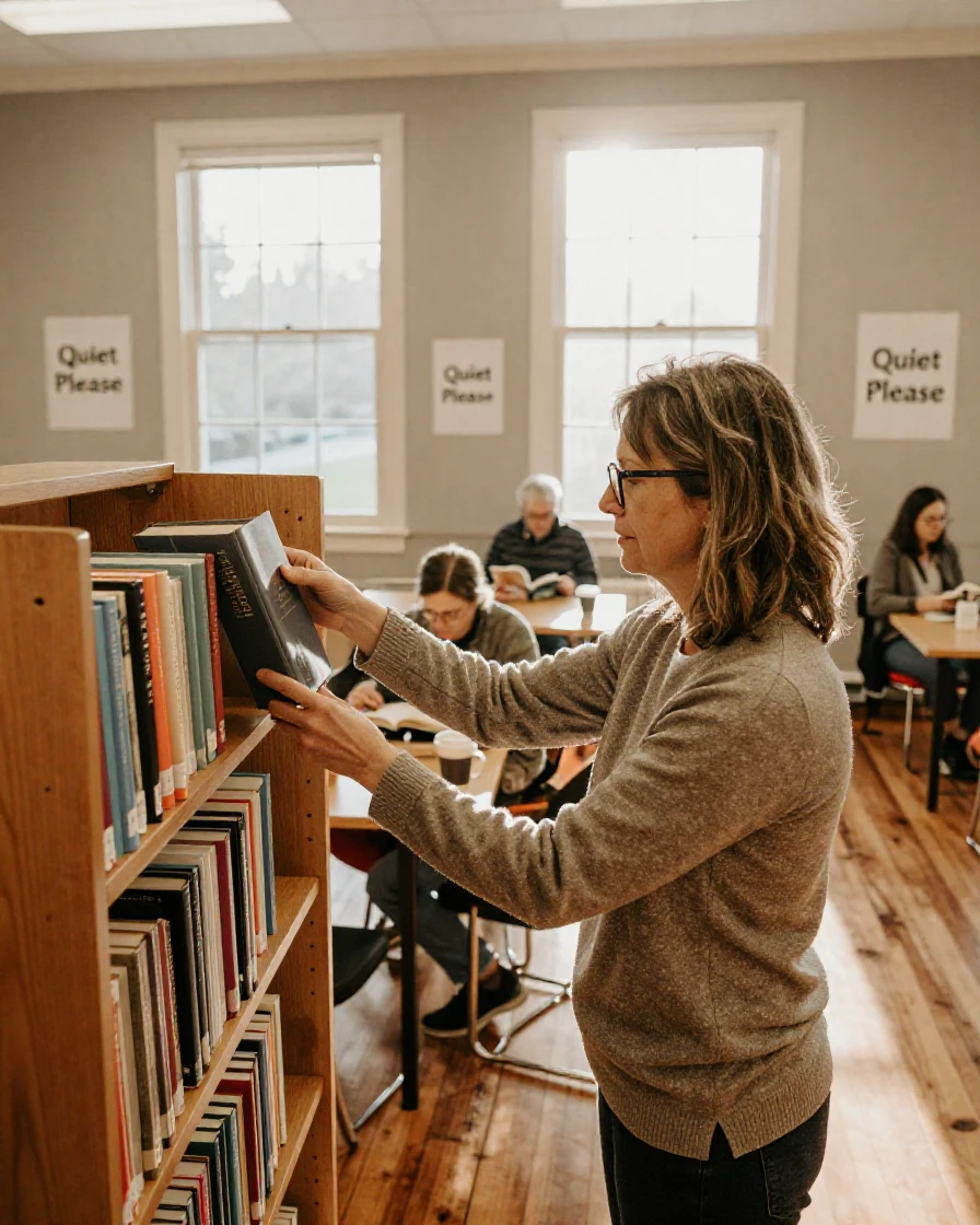 A librarian shelves books quietly in a warm, sunlit reading room.