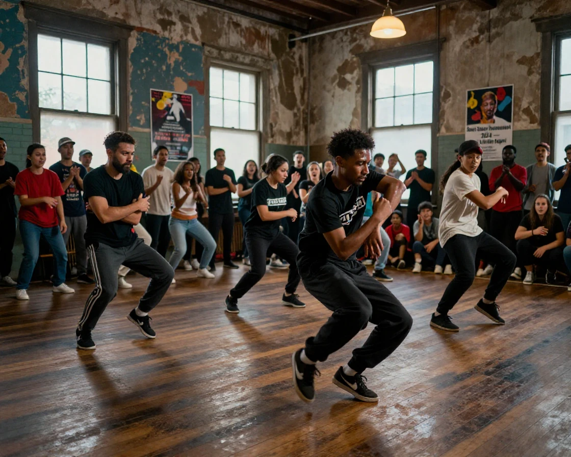 A group of street dancers competing fiercely in a local tournament inside an old community hall