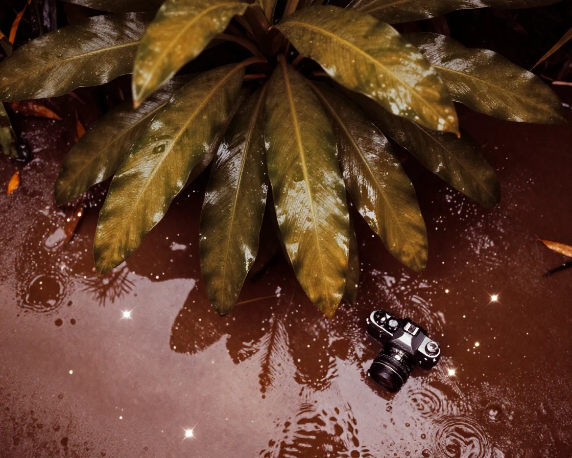 Sunlight filtering through the broad leaves of a tropical plant, under a canopy of stars, just after a rain shower, with puddles reflecting the sky, in late autumn, in earthy terracotta and ochre shades, shot from directly overhead.