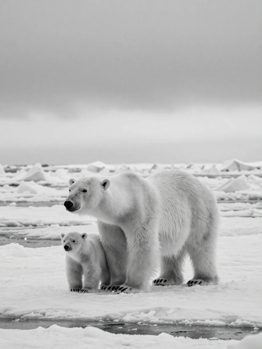 A polar bear and her cub walk across a vast expanse of sea ice beneath a pale arctic sky.