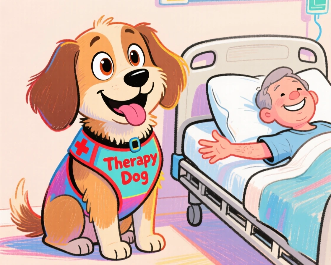 A cheerful therapy dog wearing a little vest, sitting patiently beside a hospital bed.