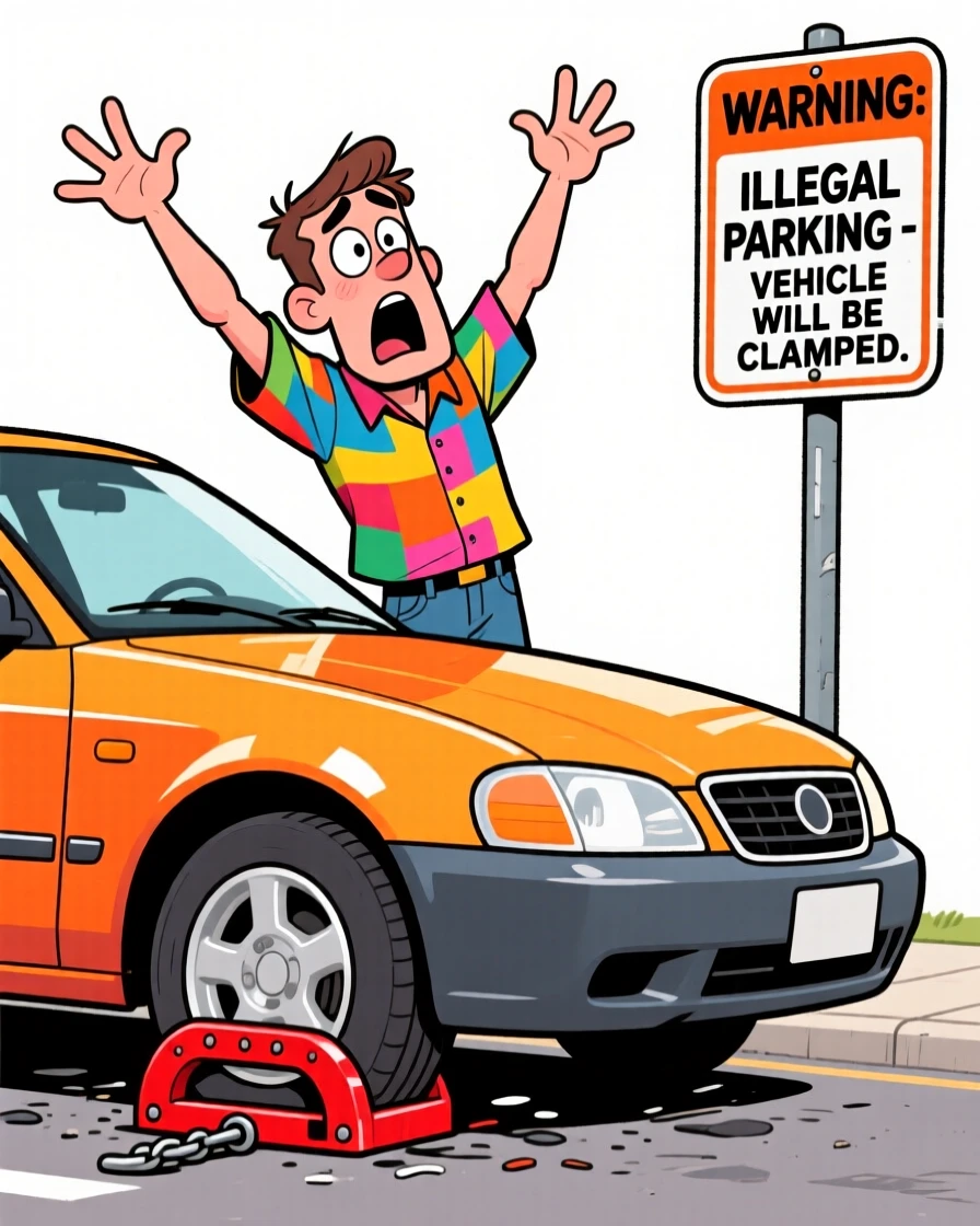 A funny expressive moment showing a man discovering his car has been clamped, hands thrown up in exaggerated disbelief.