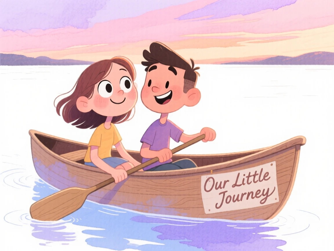 Two best friends turned sweethearts sharing a canoe ride across a calm lake at dusk
