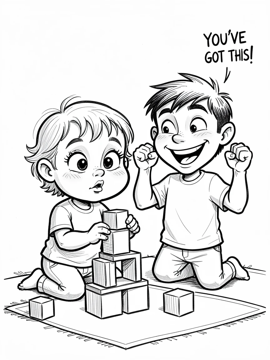 [Family & Relationship Moments] Heartwarming scene of a toddler stacking blocks while her older brother cheers her on, radiating love and warmth