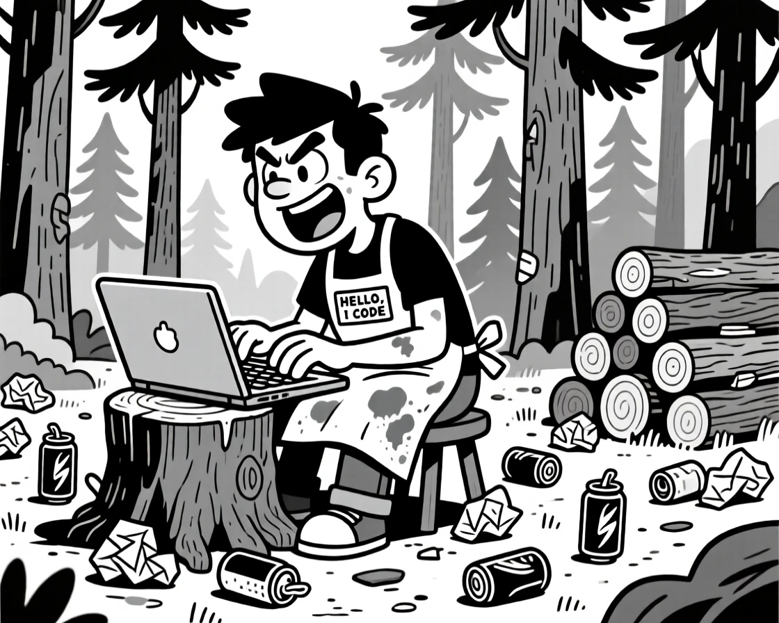 A tech-savvy programmer surrounded by energy drink cans, typing furiously with a triumphant grin, set in a dense pine forest with a woodpile nearby. A name tag hangs crookedly from a stained apron. The scene celebrates the quiet heroism of everyday work.