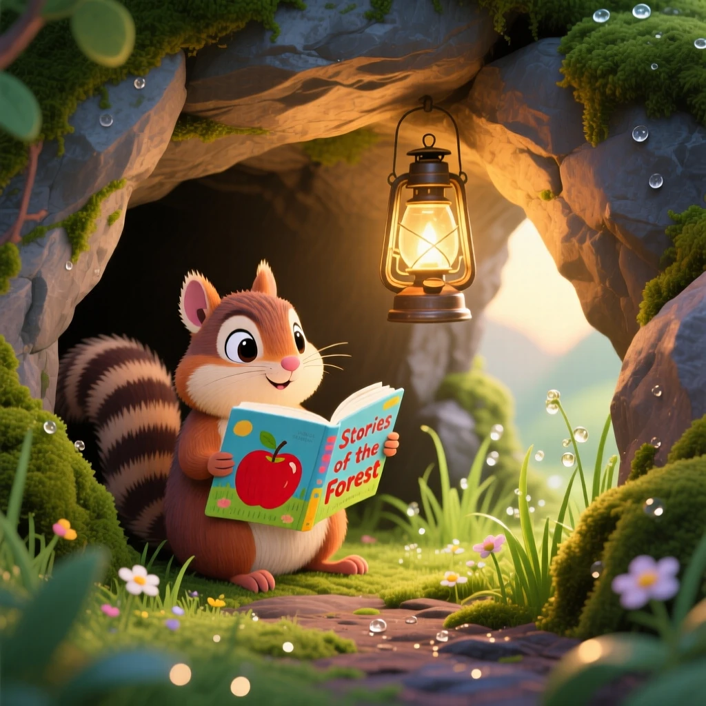A striped chipmunk is reading a picture book by lantern light in the mouth of a mossy cave, as morning dew glistens on the grass.
