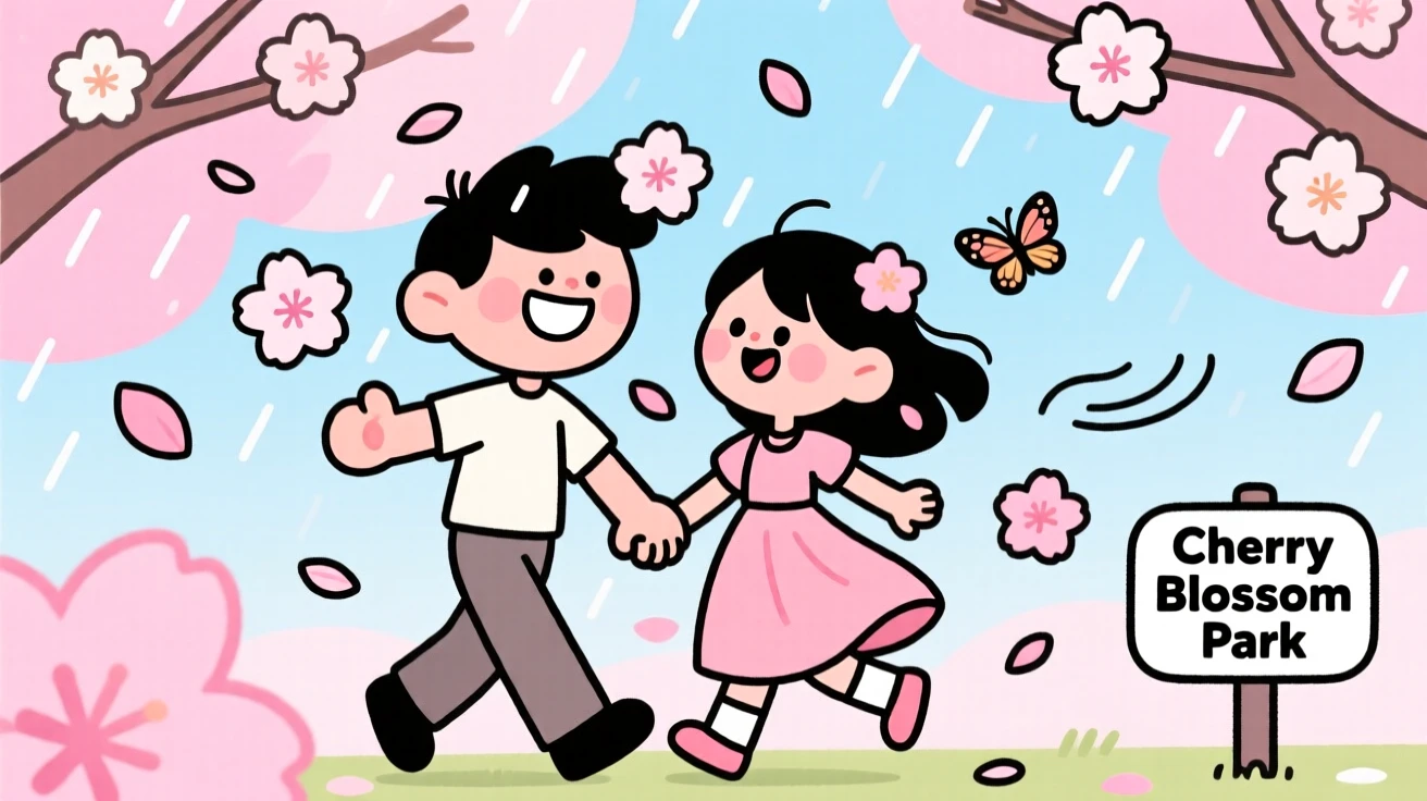 Cherry blossom petals falling on a couple walking hand in hand.