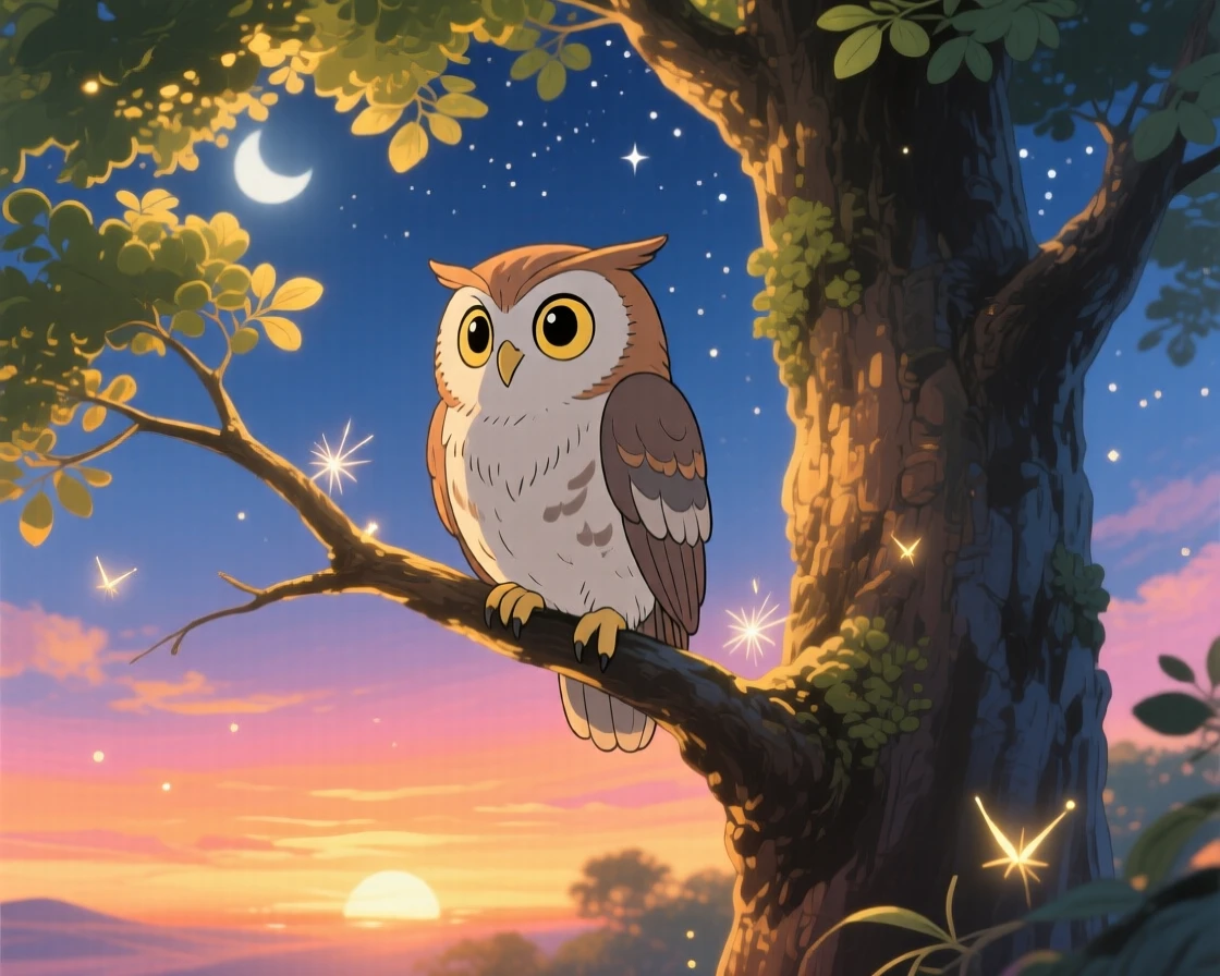 An owl perched on a moonlit branch, framed by the golden light of sunset, radiating pure charm.
