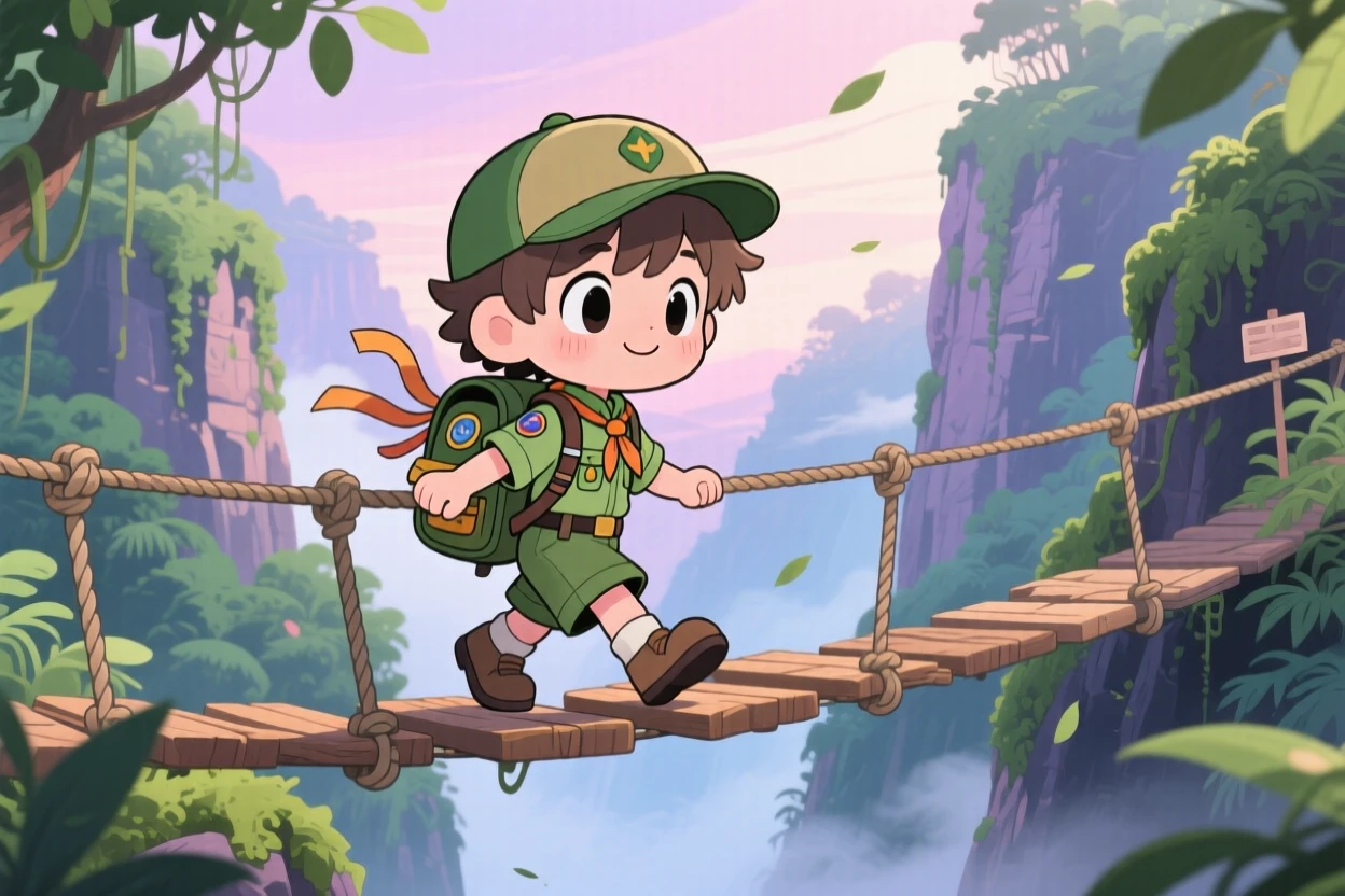 A scout with a backpack crossing a rope bridge over a misty ravine in a lush jungle canyon during a light summer breeze; soft pastel light of dawn washes over the scene as quiet contentment fills the moment. Three-quarter view.