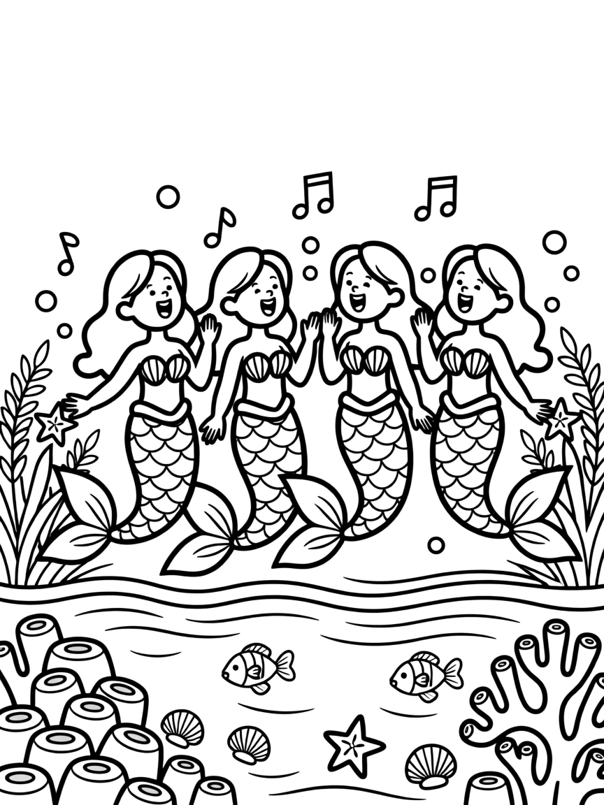 A mermaid choir singing beside a glowing coral reef